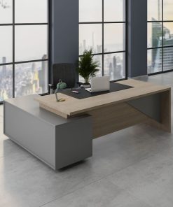 مكتب إداري فاخر بتصميم مودرن | خشب طبيعي وقاعدة رمادية عصرية